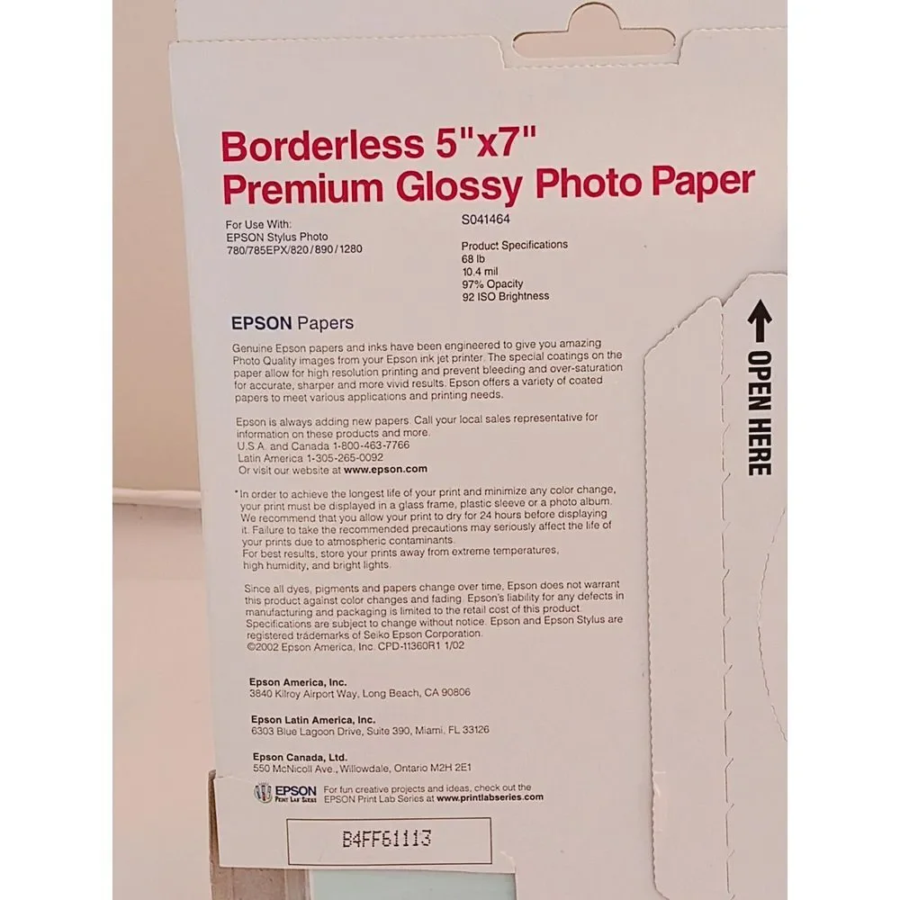 Epson Premium 5x7 Glossy Borderless‎ Photo Paper - 20 Sheets